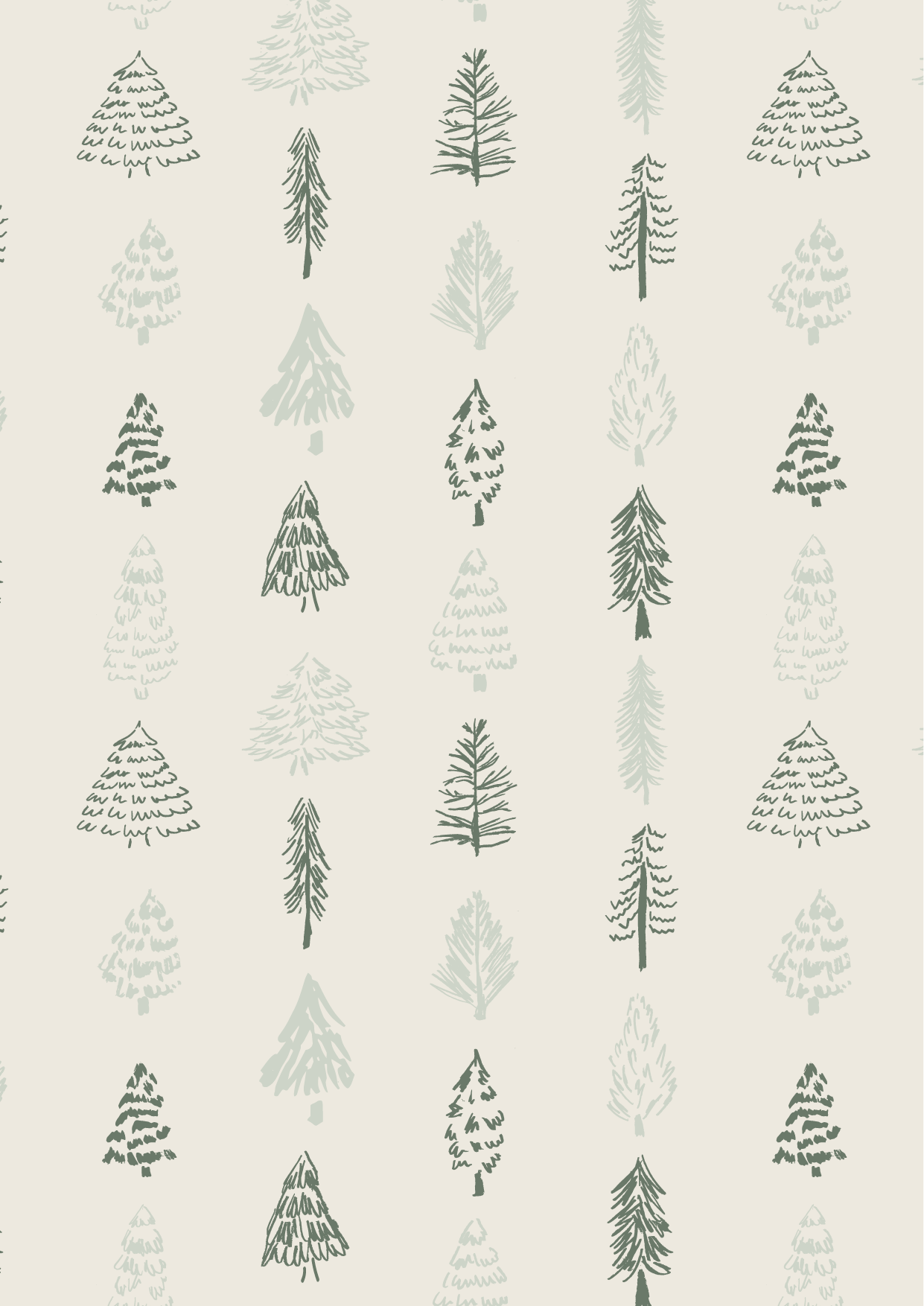 Hand-drawn scattered pine tree pattern in olive and sage on cream