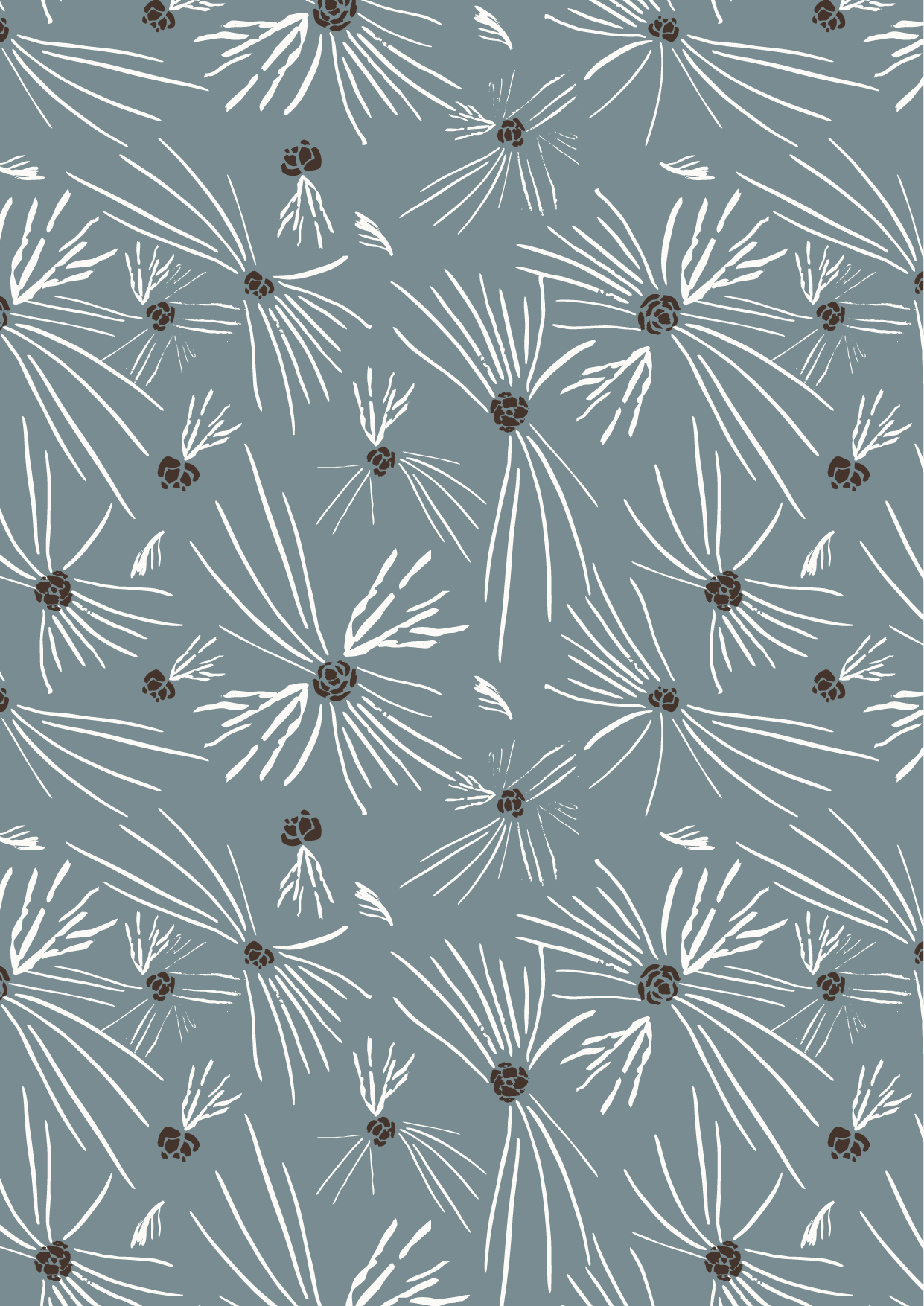 Hand-drawn pine cone and needle pattern in dusty blue with botanical detail