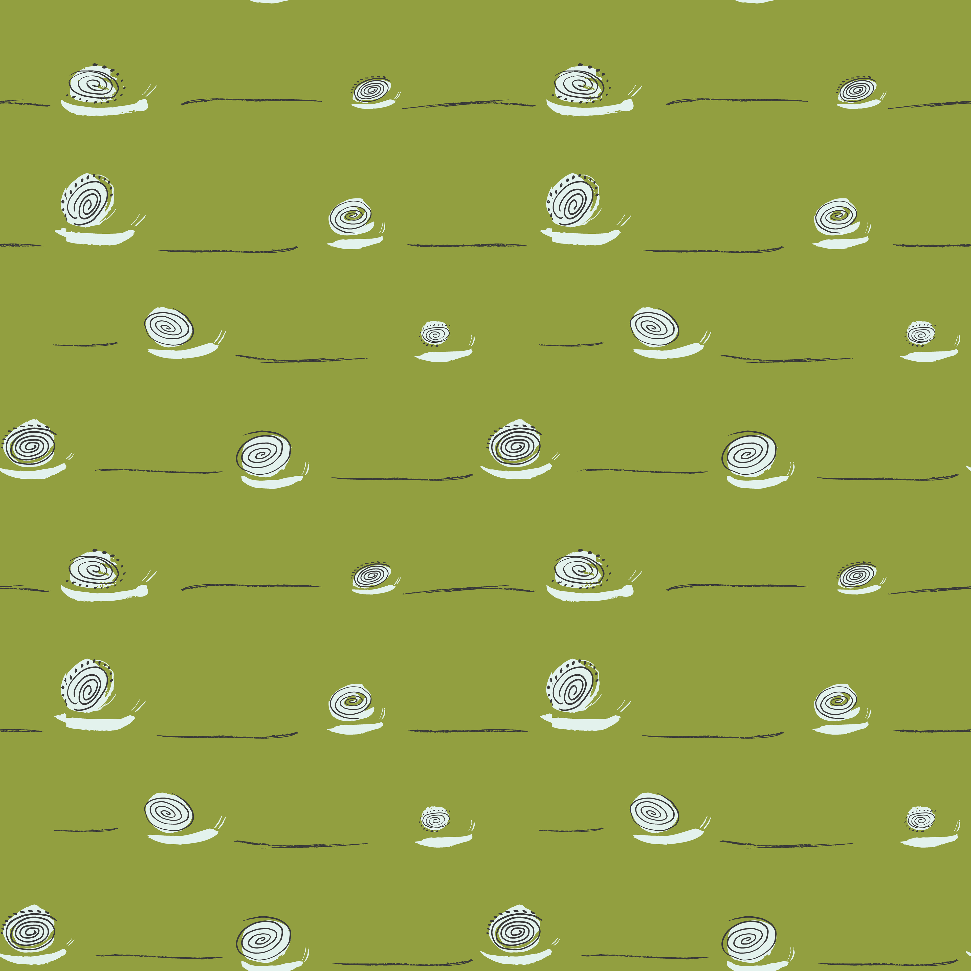 Snails on grass stripe pattern — Illustrated snails with detailed spiral shells arranged in horizontal rows on an olive green background with subtle linear texture suggesting grass or soil
