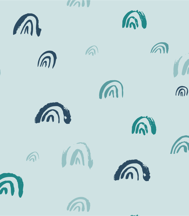 Muted blue and coral rainbows in a hand-drawn, textured style—modern nursery wallpaper or fabric with Japandi appeal.