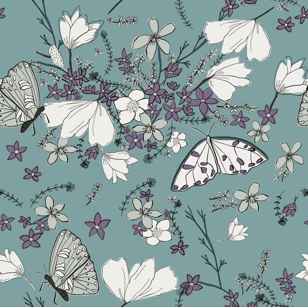 Butterflies among wild blooms — hero print, teal colourway