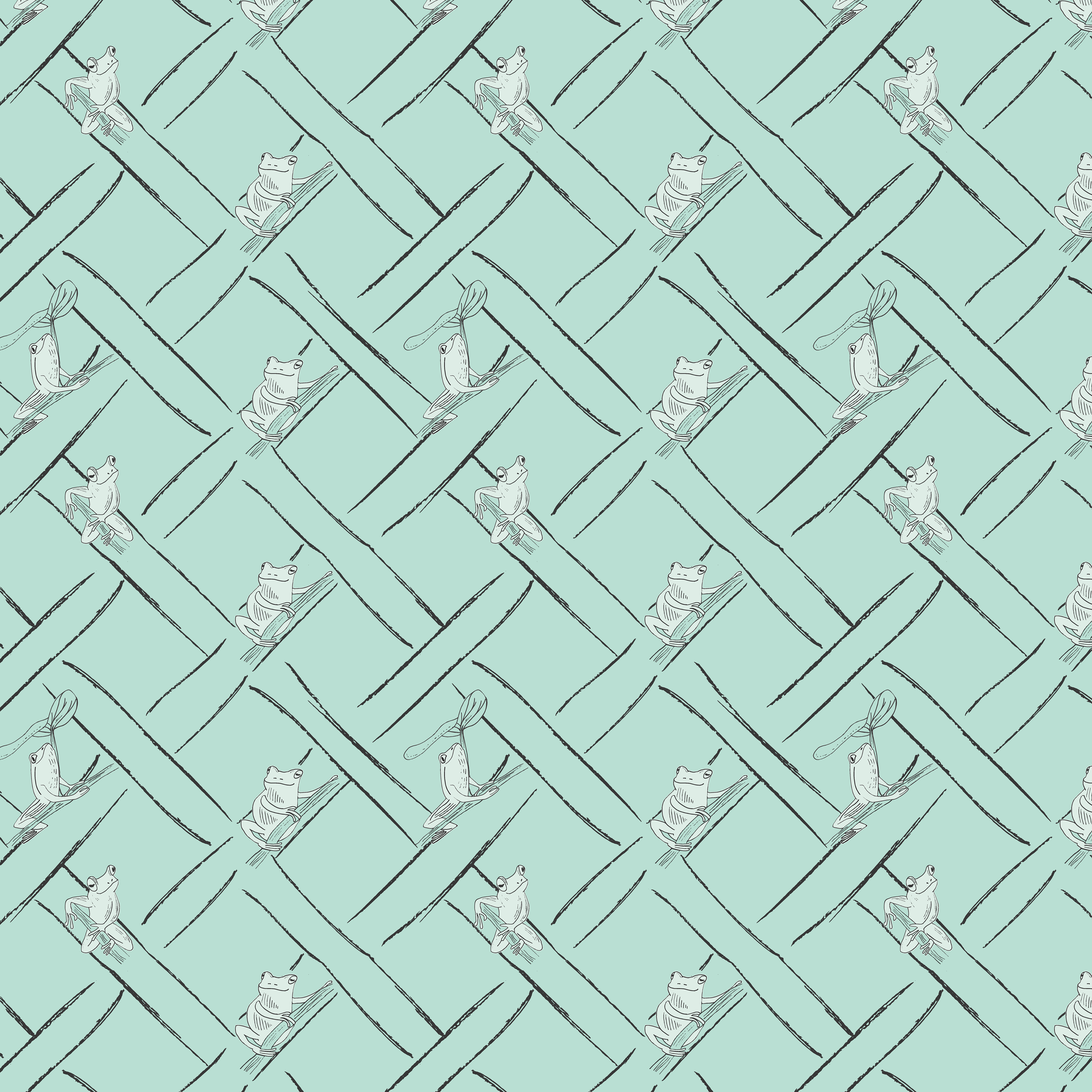 Herringbone frogs pattern — Diagonal herringbone grid in teal and dark grey overlaid with repeating illustrated frogs in a sitting pose, on a light aqua background.
