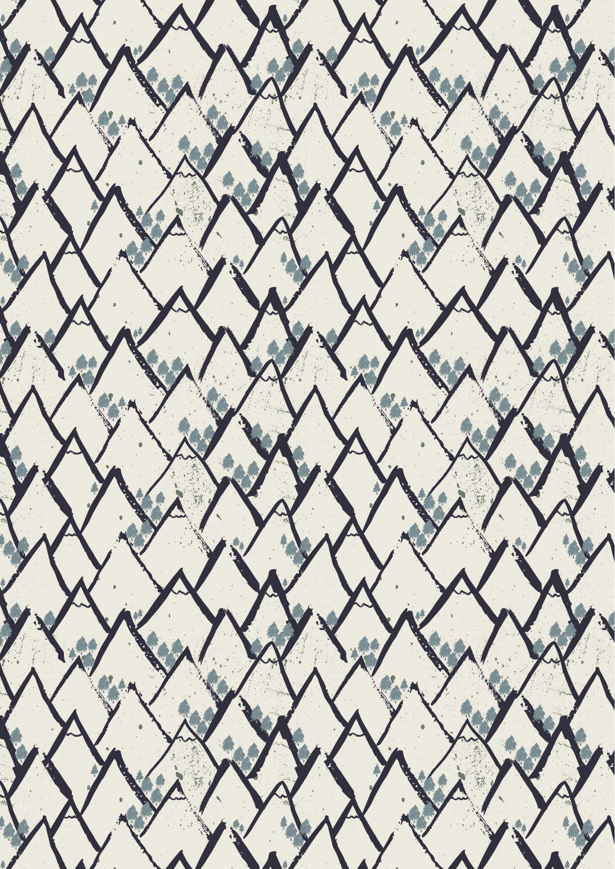 Hand-drawn angular mountain pattern in navy and sage with textured peaks on cream