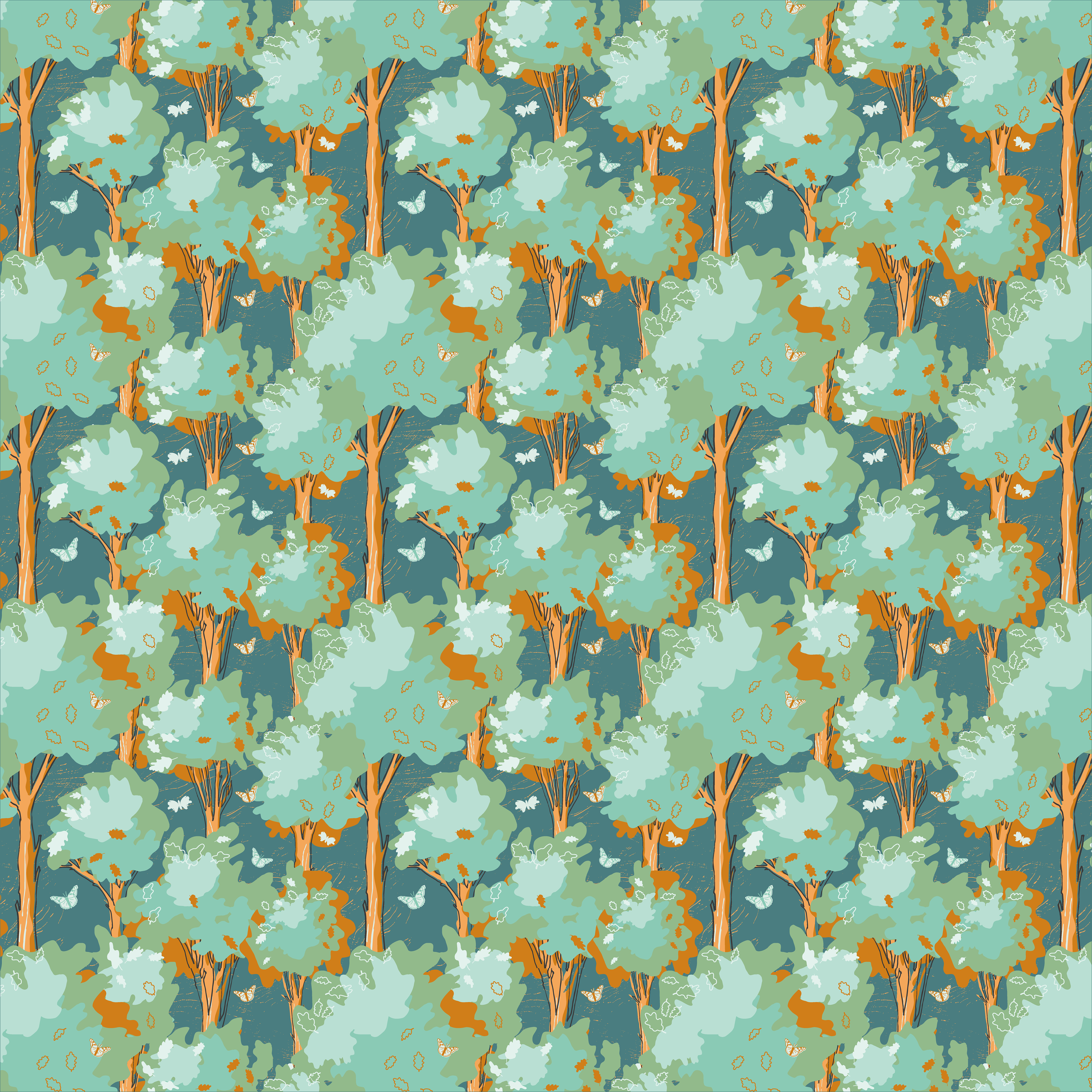 Forest trees pattern — Repeating pattern of stylised teal and mint green trees with orange trunks on a dark teal background, with small white butterfly motifs scattered throughout.