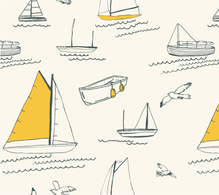 nautical seaside sailboats in cream, yellow and grey