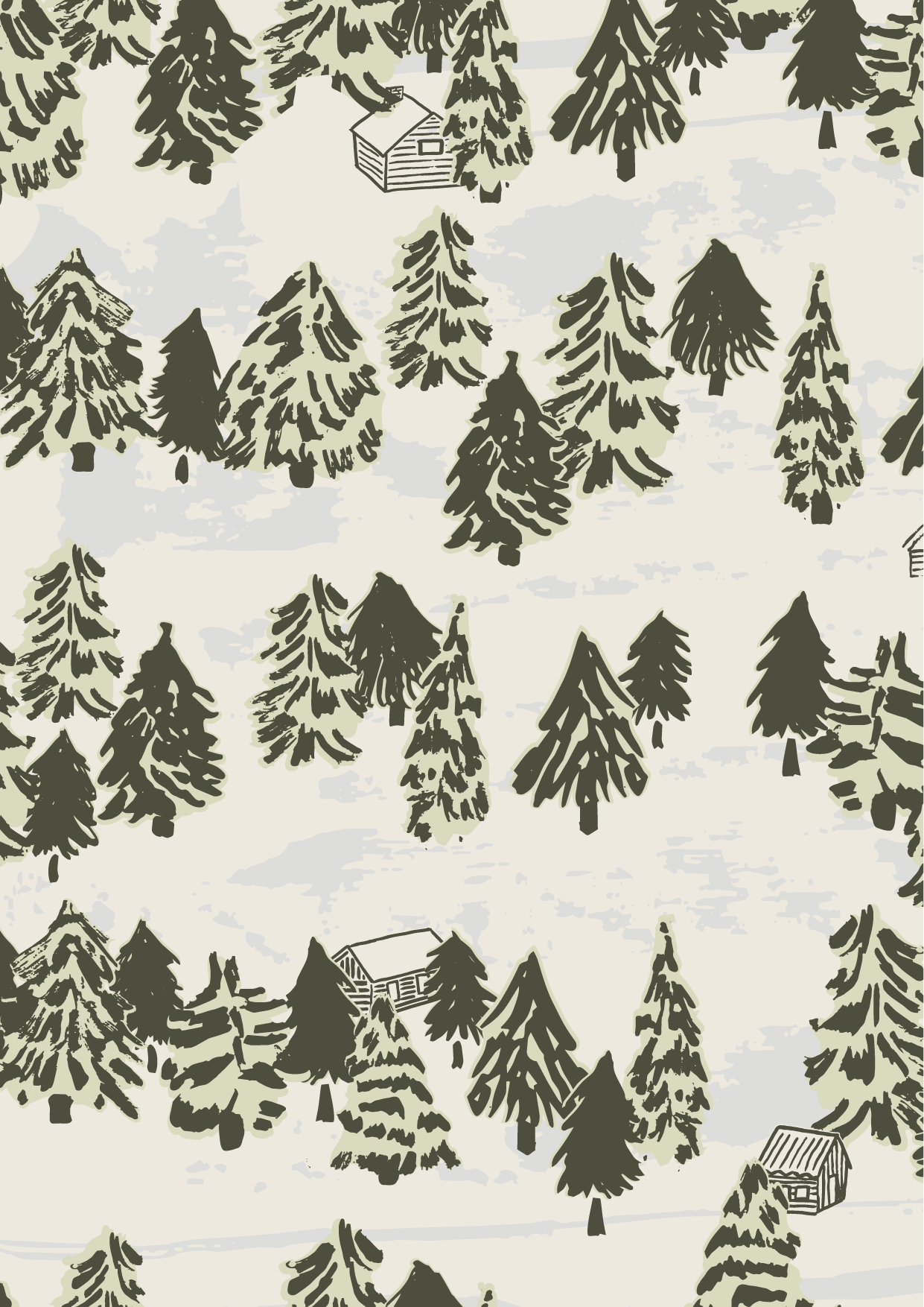 Hand-drawn alpine forest pattern in dark olive and sage on cream, with pine trees and small cabins tucked between the trees