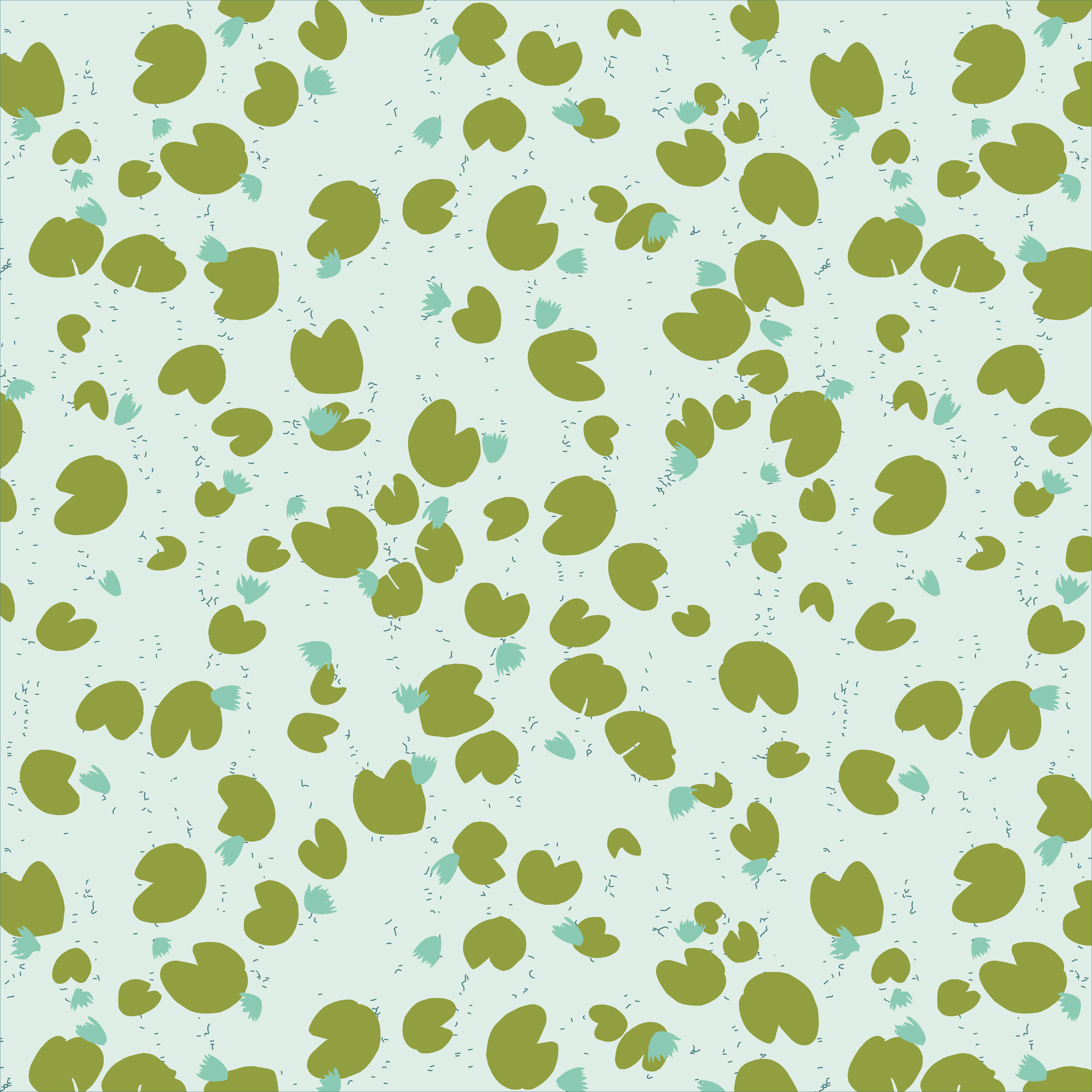 Lily pad scatter pattern — Allover scatter pattern of olive green lily pads and leaves on a soft mint background, with small blue flower accents.