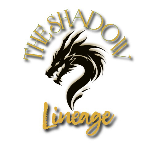Logo for The Shadow Lineage featuring a stylized black dragon head and neck curled into an elegant emblem at the center. Above the dragon, the words “THE SHADOW” appear in large metallic gold serif lettering curved in an arc. Below the dragon, the word “Lineage” is written in flowing gold script with a subtle shadow effect against a light gray background.