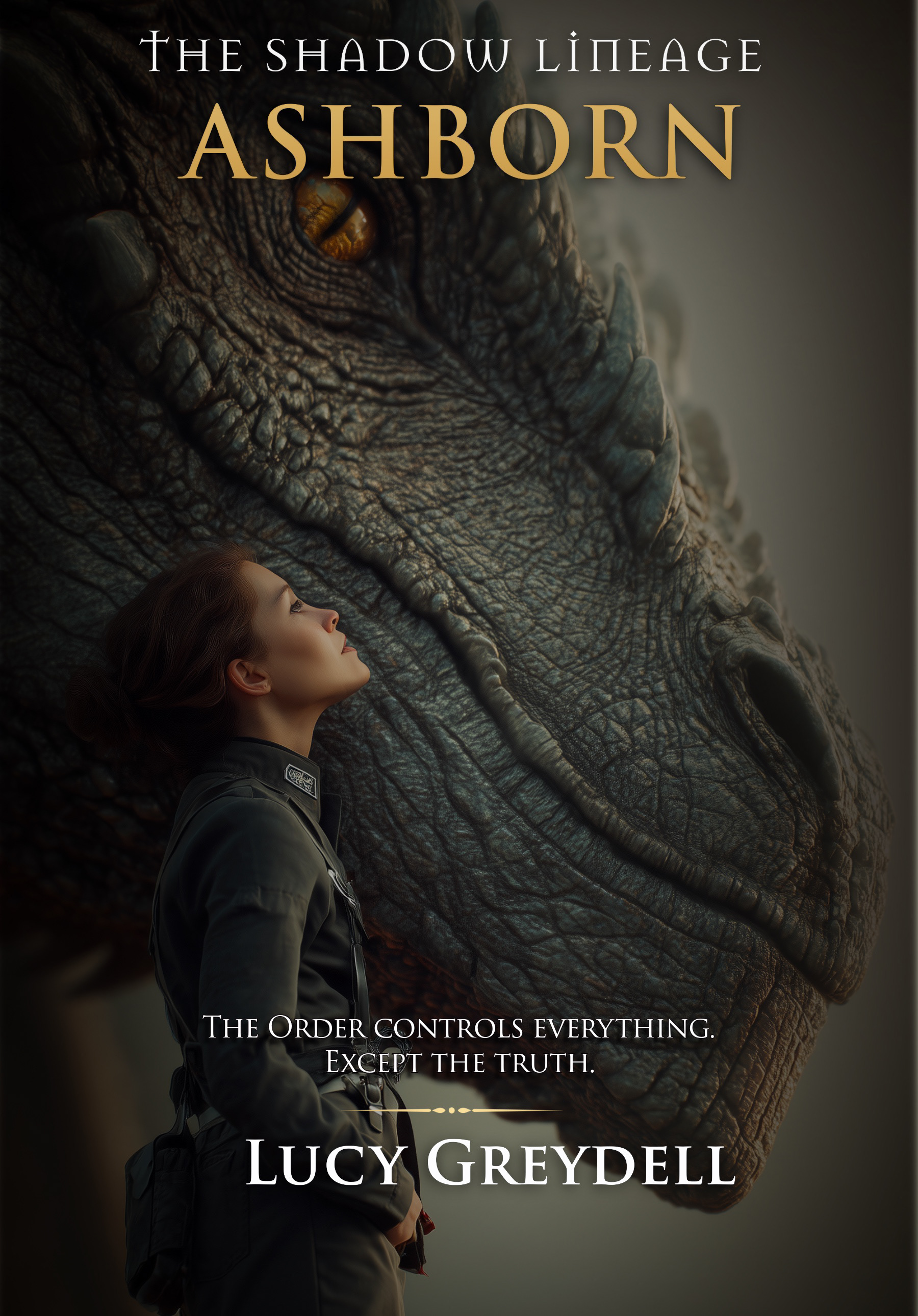 Book cover for The Shadow Lineage: Ashborn by Lucy Greydell. A young woman in a dark military-style uniform stands in profile beside the massive face of a gray dragon with glowing amber eyes. The dragon’s scales dominate the background, creating an atmosphere of tension and intimacy. The title Ashborn appears in large gold lettering beneath the series title The Shadow Lineage. Beneath the characters is the tagline: “The Order controls everything. Except the truth.”