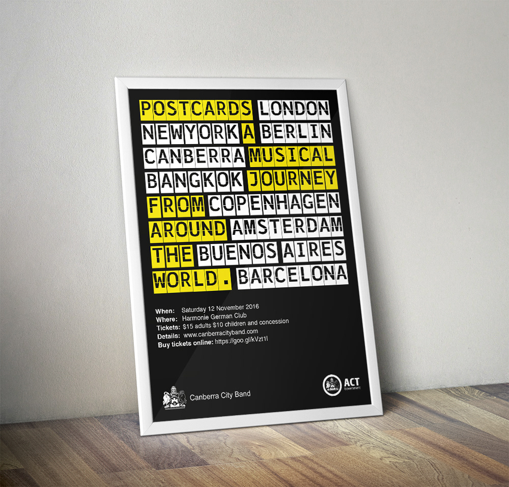 Promotional poster and ticket for a Canberra City Band music event named: Postcards — Musical Journey from around the world.