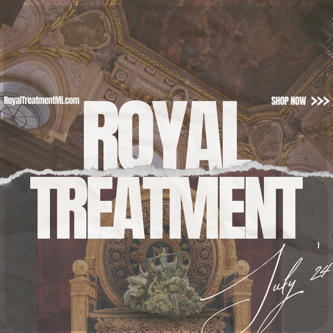 Royal Treatment Instagram Post, depicting a "royal bud" (bud of weed wearing a crown) sitting on a throne