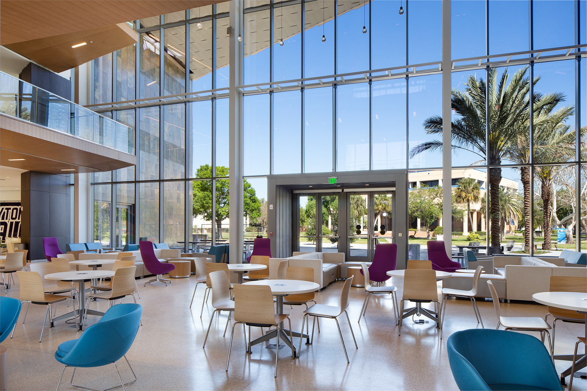 Atrium seating at the L. Gale Lemerand Student Center, Daytona State College.