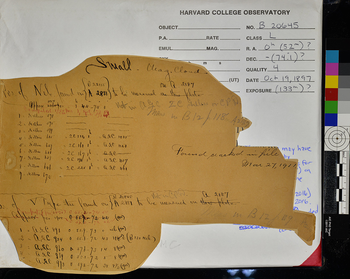 Plate No. B20645, back. Adapted from StarGlass, Center for Astrophysics | Harvard & Smithsonian.