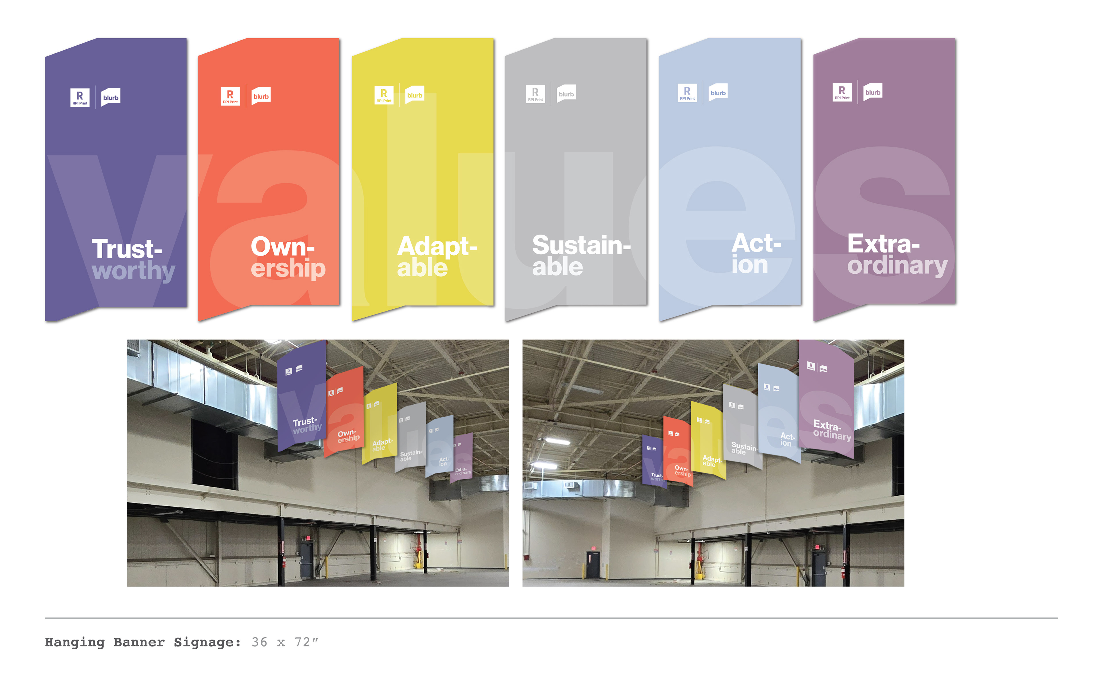 Printing facility ceiling banners