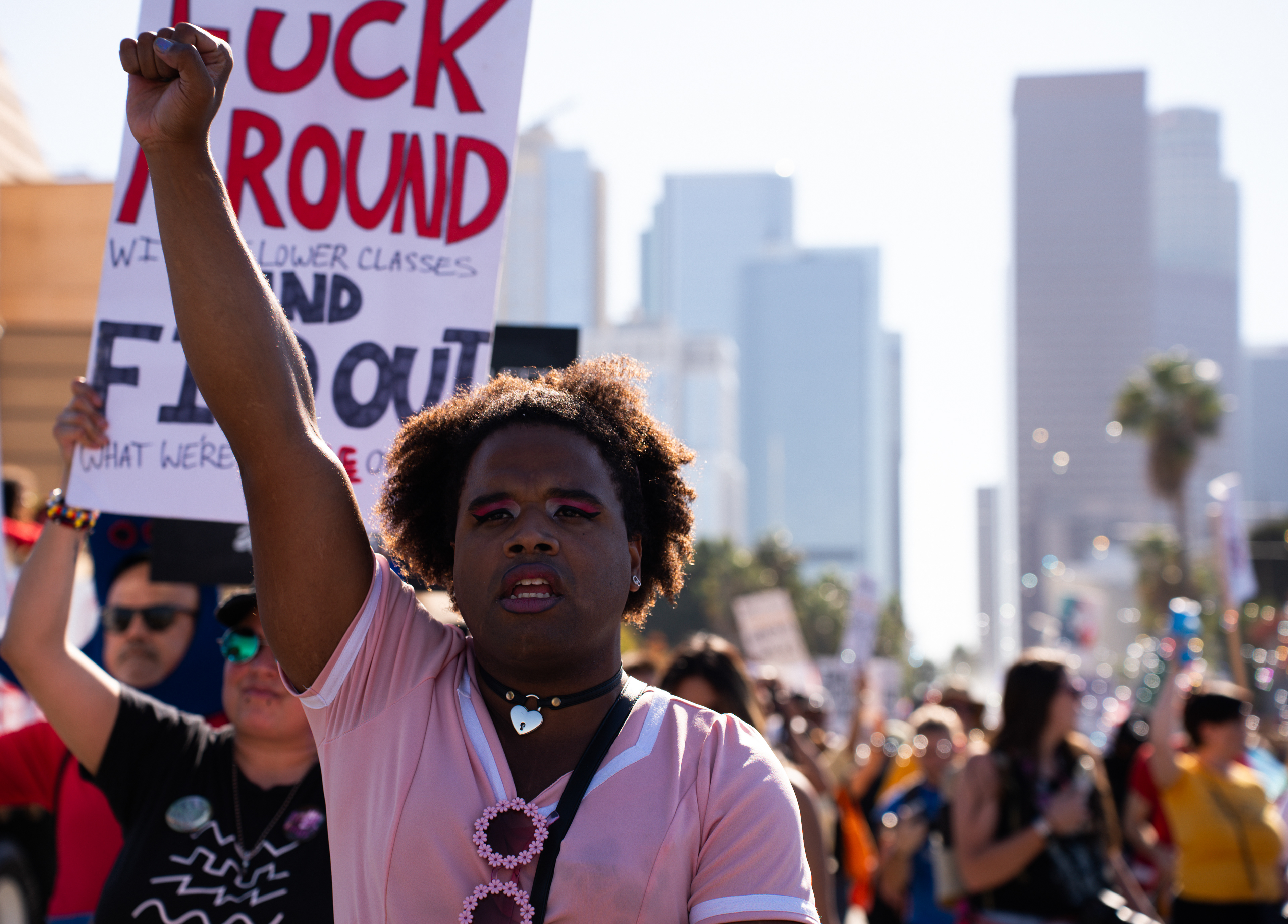 A protestor marches in Downtown Los Angeles for the No Kings Protest on October 18th, 2025. (Photo/Aston Smith)