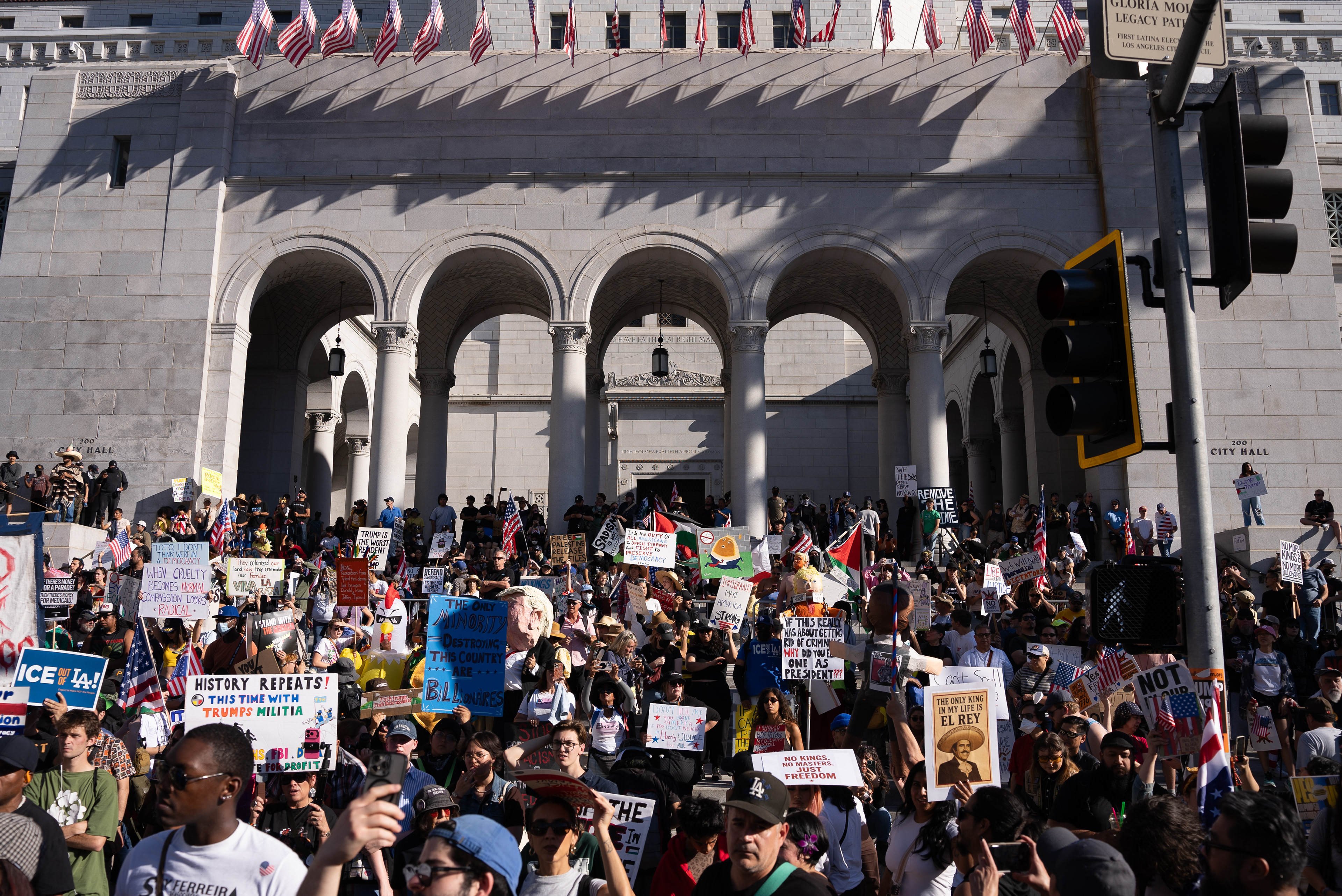 Thousands of protestors gather in in front of city hall in Downtown Los Angeles for the No Kings Protest on October 18th, 2025. (Photo/Aston Smith)