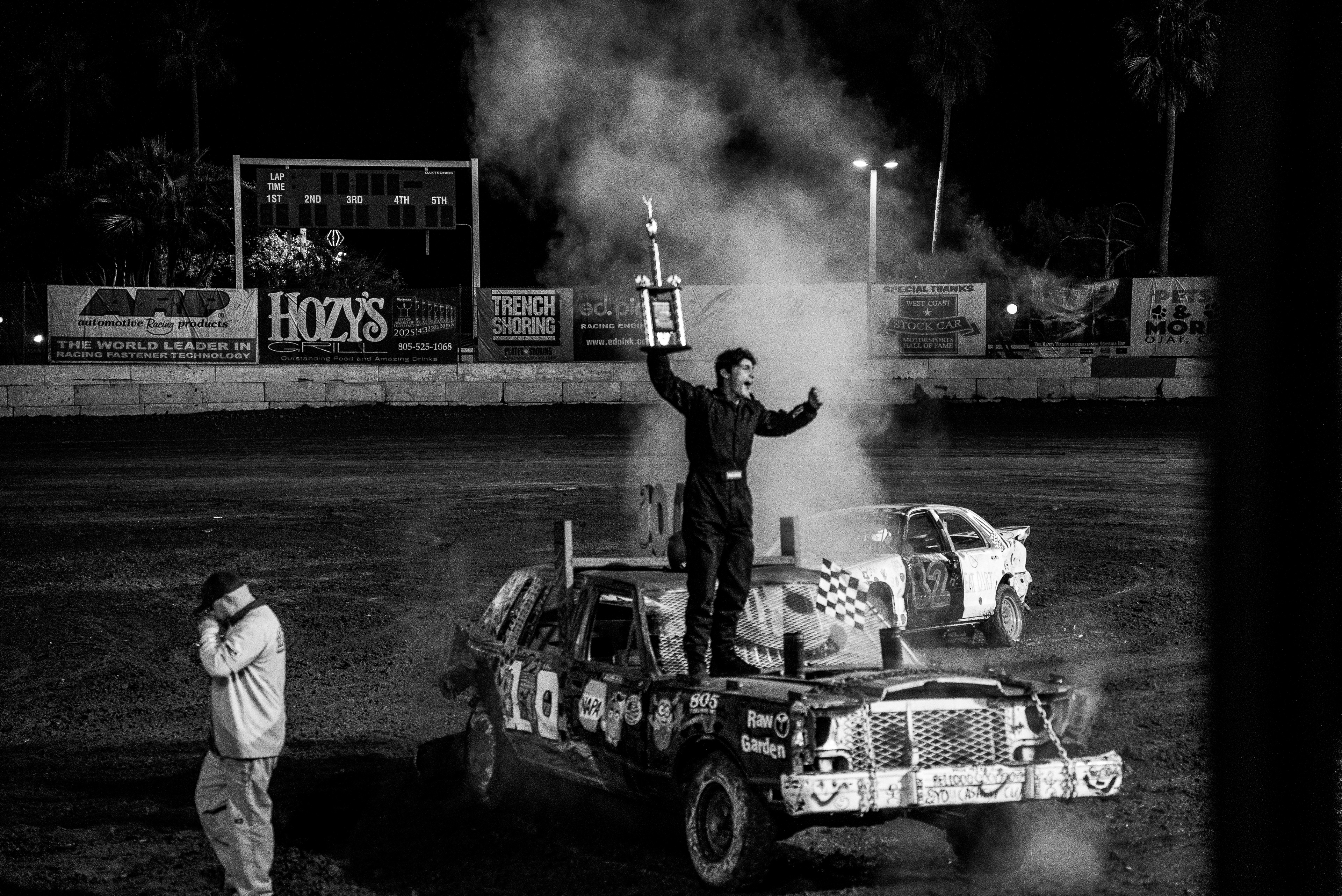Diego Nava celebrates after winning the Demolition Derby at the Ventura Raceway on October 4th in Ventura, California, 2025. (Photo/Aston Smith
