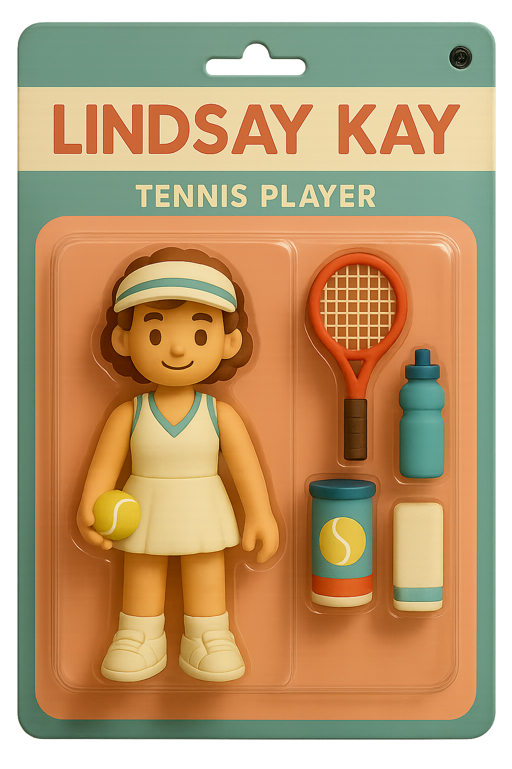 Make a picture of a 3D action figure toy, named "Lindsay Kay” with tagline "Tennis Player" Make it look like it's being displayed in a transparent plastic package, blister packaging model. The figure should be a female with short brown curly hair. Dressed in a tennis outfit with white sneakers. Also add some supporting tennis-related items for her lifestyle, like a can of tennis balls, a tennis racquet, a water bottle, and a sweat towel next to the figure. The packaging design is minimalist, 80s colors, cute toy style sold in stores. PROMPT: The style is cartoonish, cute but still neat.