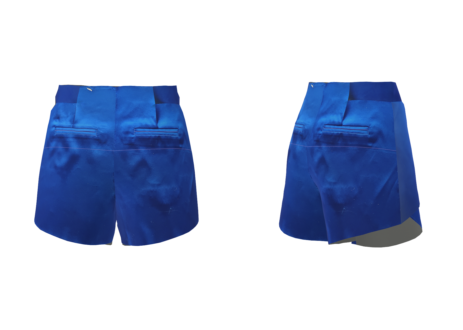 Front and back views of the assembled digital garment, with photographic material references mapped onto the reconstructed pattern pieces.