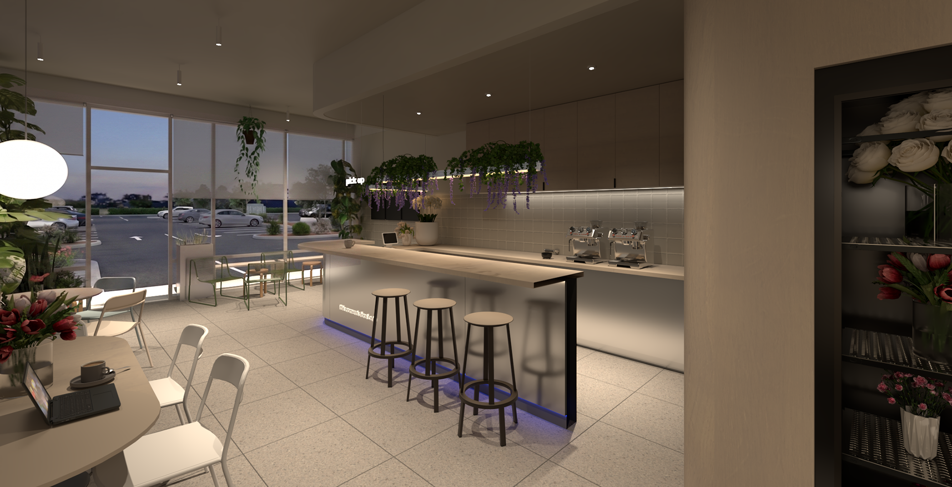 food/drink bar with playful lounge chairs and seating