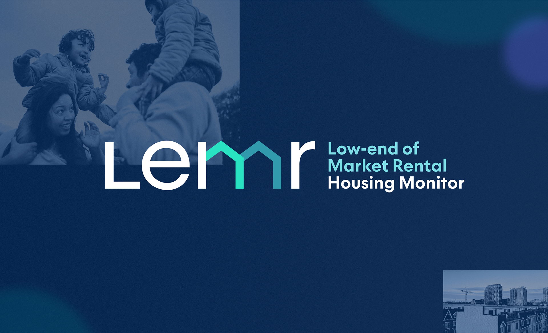 A predominantly navy blue lead graphic showing the Low-end of Market Rental (LEMR) Housing Monitor logo mark and name lock-up with supportive monotoned imagery and "spotlight" graphics.