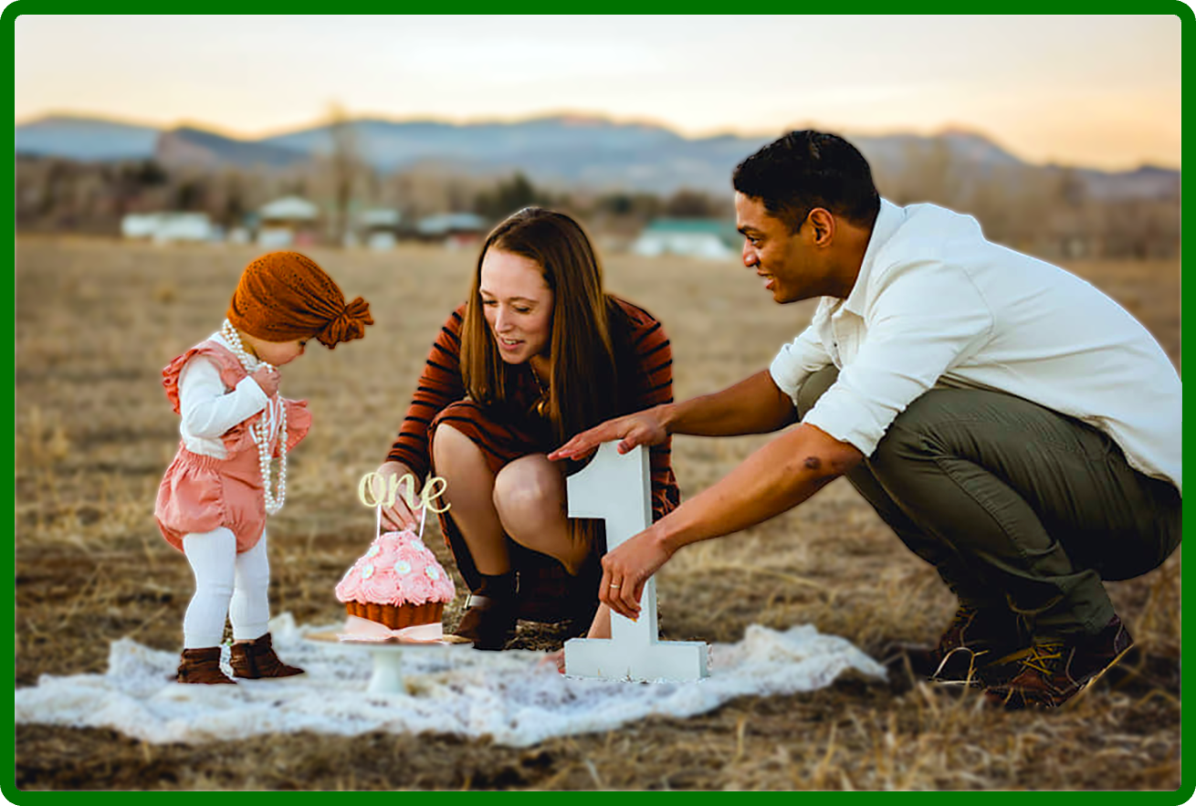 Luna, Tricia, and Dennis celebrate her first birthday