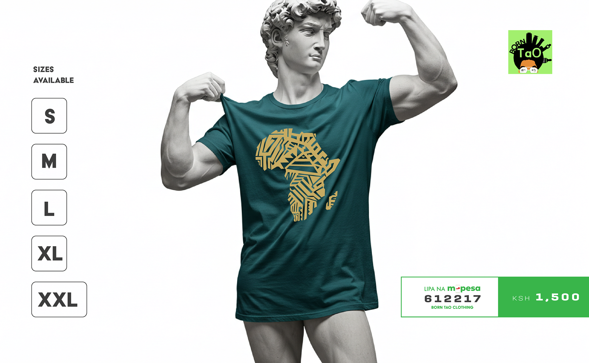 Born Tao geometric Africa t-shirt in teal, KSH 1,500, available in sizes S-XXL