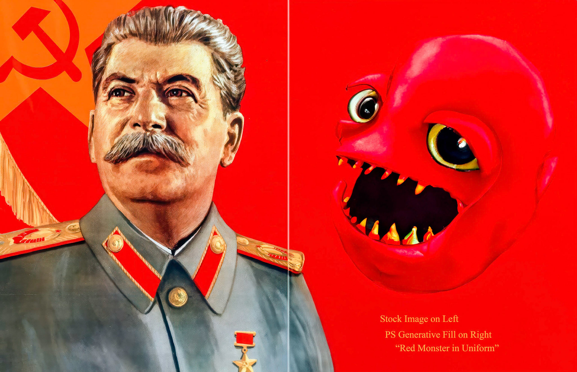 Red Monster: Stock Image and PS Generative Fill "Red Monster in Uniform," North Natomas, Ca, 2023