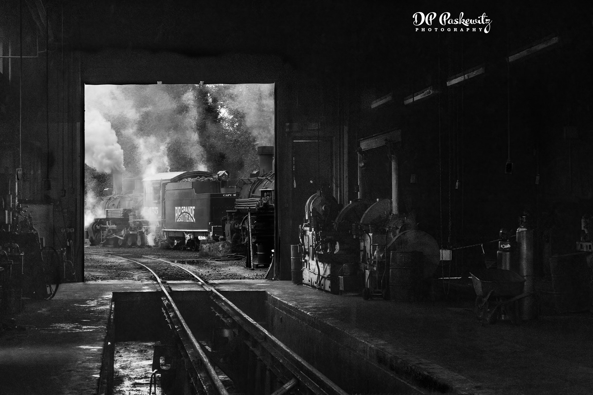 Cumbres &amp; Toltec Engine House: View through the engine house at Chama, NM, 2017 (part of the Cumbres &amp; Toltec Scenic Railroad shops complex)