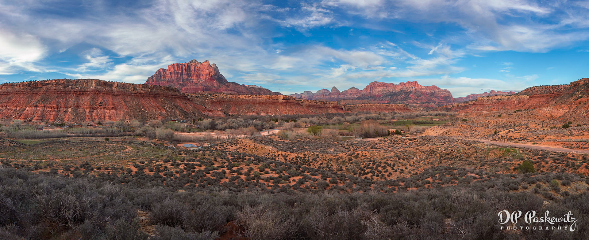Distant Watchman Panorama: The Watchman and Johnson Mountain Panorama From Knoll South of Rockville, UT, near Zion National Park, UT