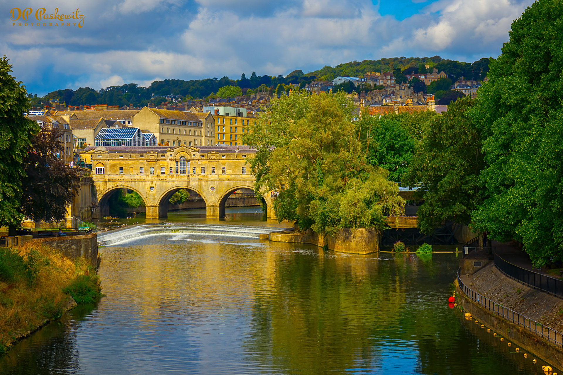 Pulteney Bridge and Avon Weir: From N Parade Road Crossover Bridge, Bath, UK, 2018