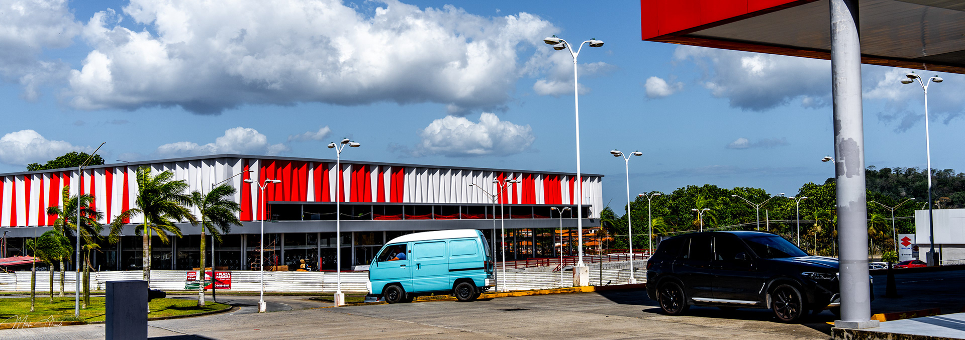 Red stripes and teal van