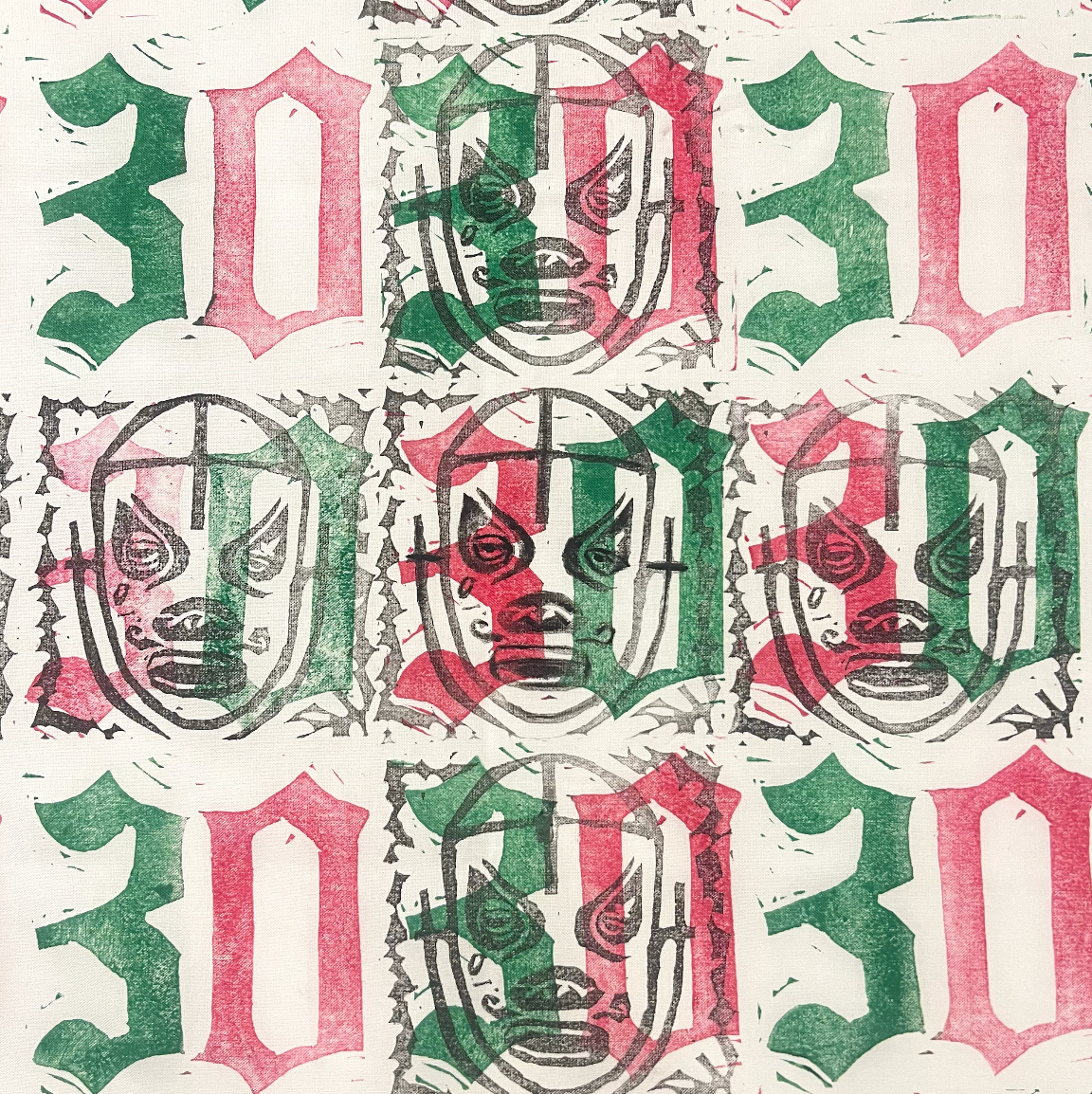 Papá Luche October 2024 Textiles Block-print on Fabric 57”x36” Textile piece created by my fathers street tattoo (30) on his chest and his boxing history during my upbringing