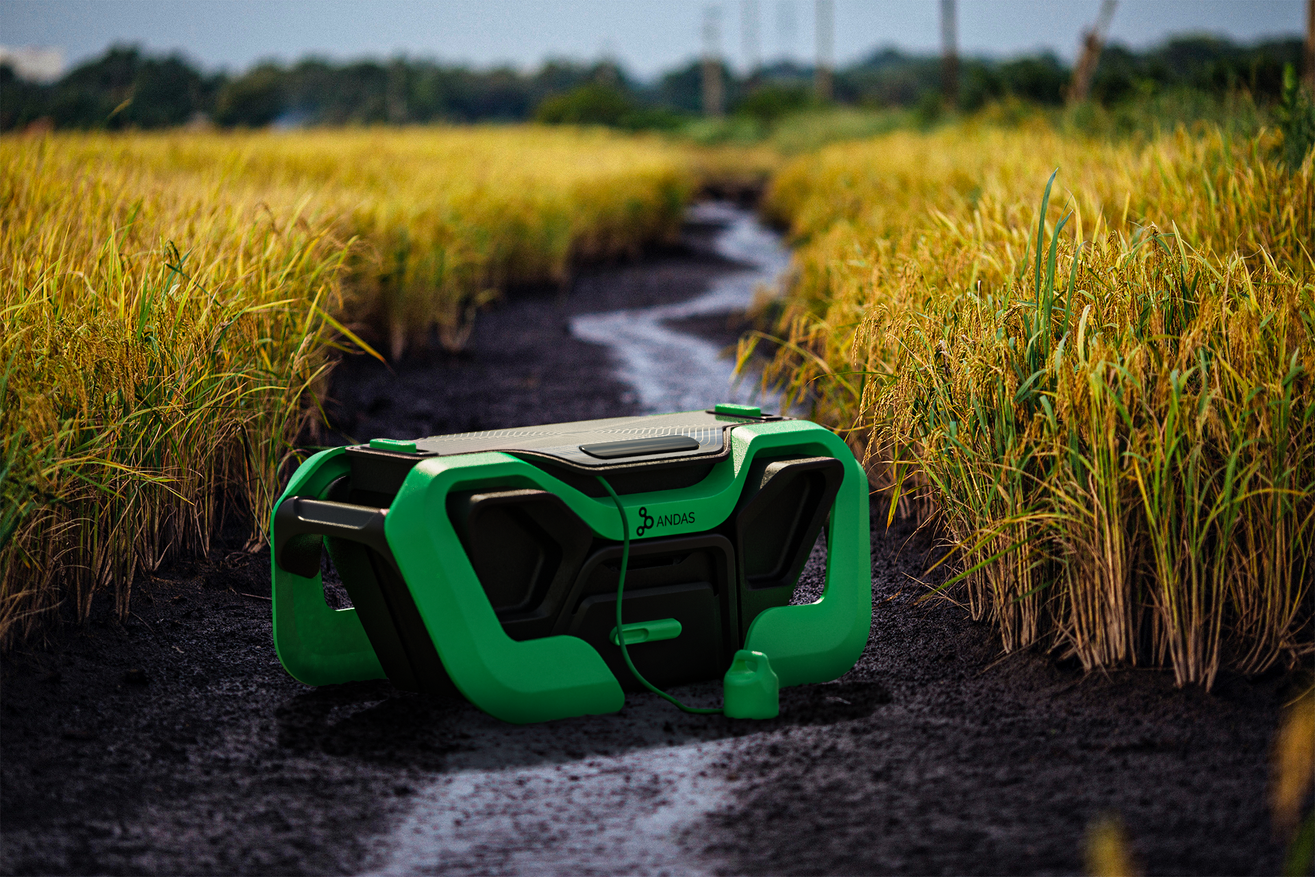 In this picture you can see the Andas carbon measurement devis sitting between two rows of corn plants.