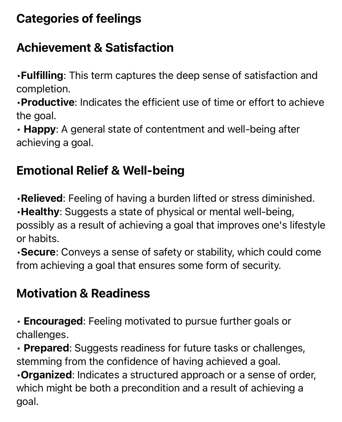 Categories of feelings