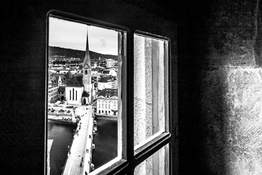 A window view from the church’s tower, Zurich, Switzerland, 2014