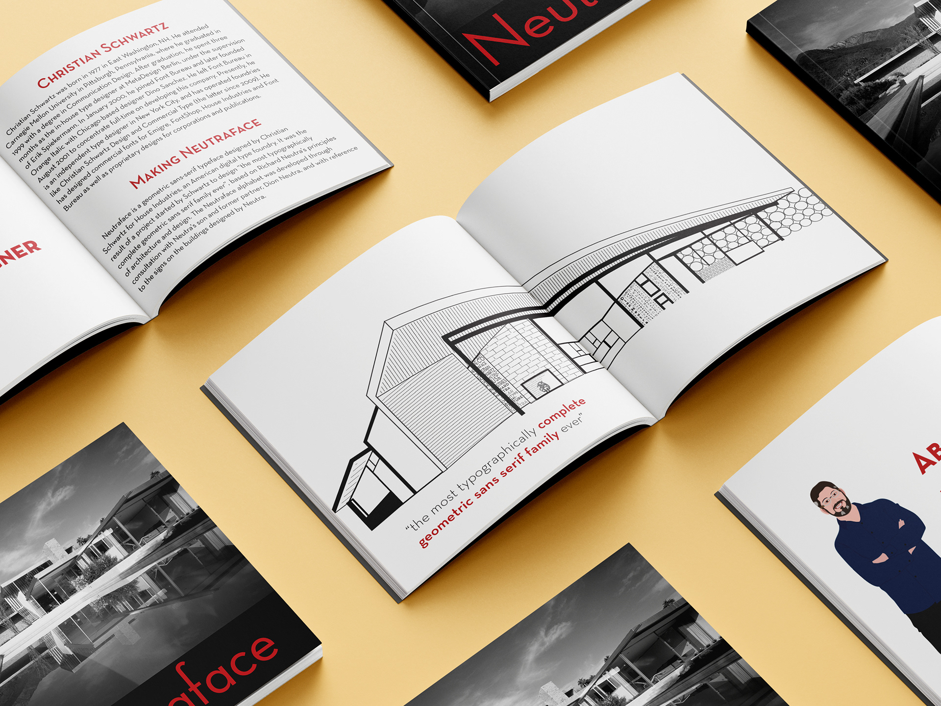 Illustration using text components to render a blueprint by Architect Richard Neutra, the architect who inspired the font 'Neutraface' - Pages from typography book on 'Neutraface' font created in Adobe Illustrator and InDesign