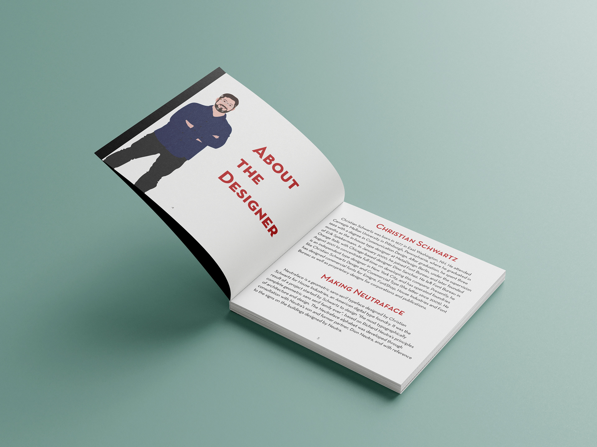 Illustration of Christian Schwartz, the designer who created 'Neutraface' font for typography book - Created in Adobe Illustrator