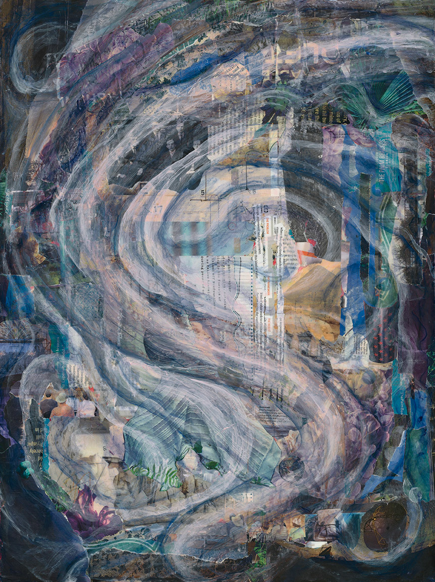 Gurus and acolytes.  Inspired by Georgia O’Keeffe’s luxurious forms and thoughts of scientific process, a twisting abstraction echoes the stretching nymph and hides the guru instructing his class along with another class of self-appointed gurus.  The experts here are peripheral, obscured from their expected prominence to fade into a background of diagrams, text and a variety of waving patterns by the waves generated by the nymph, perhaps questioning the source of their supposed expertise.