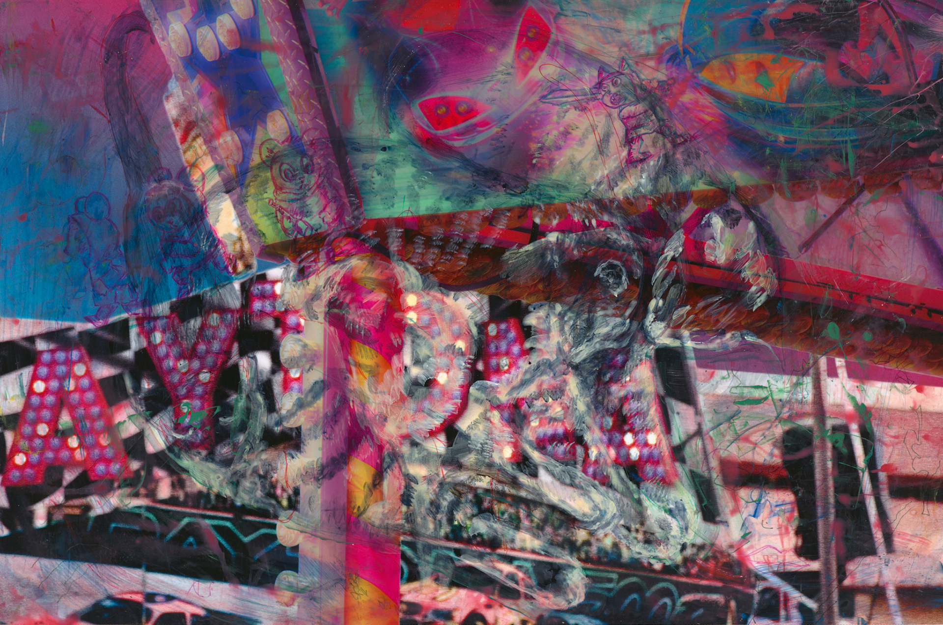 Neon cat dreams.  This series was initially enhanced color photographs, as the grey skies we received that day did nothing to create a county fair atmosphere.  After they were exhibited, I still had the prints, so I treated them like art supplies and each became the starting point for another piece.  Over the photograph Daytona,  I added more color: first, drawings of cute scary animals and other doodles and then loosely painted multiple pairs of cats to create an exaggerated carnival atmosphere.