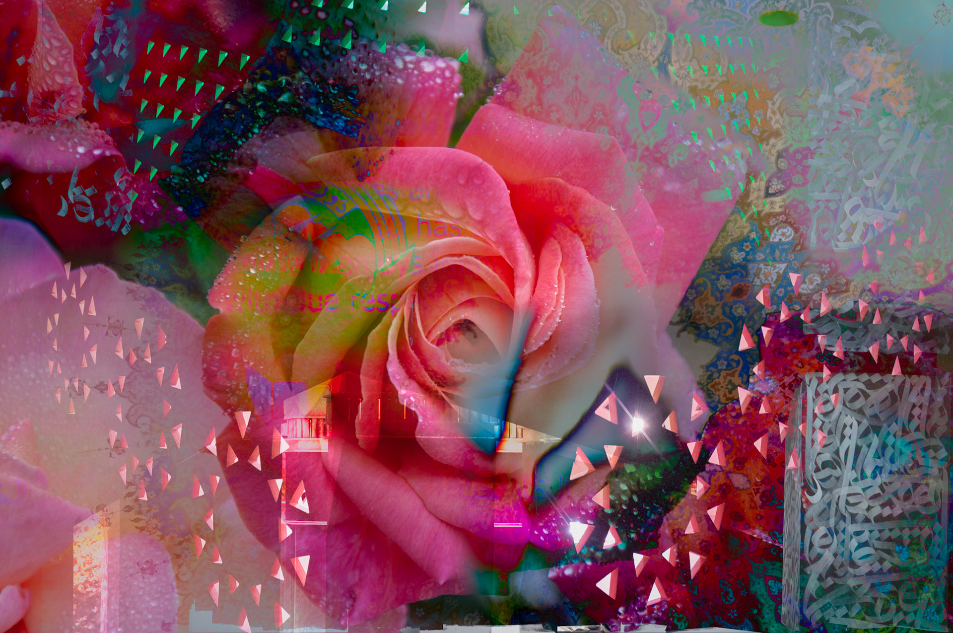 Angular artwork and calligraphy combine with pink roses for a fantastical ode to flora.