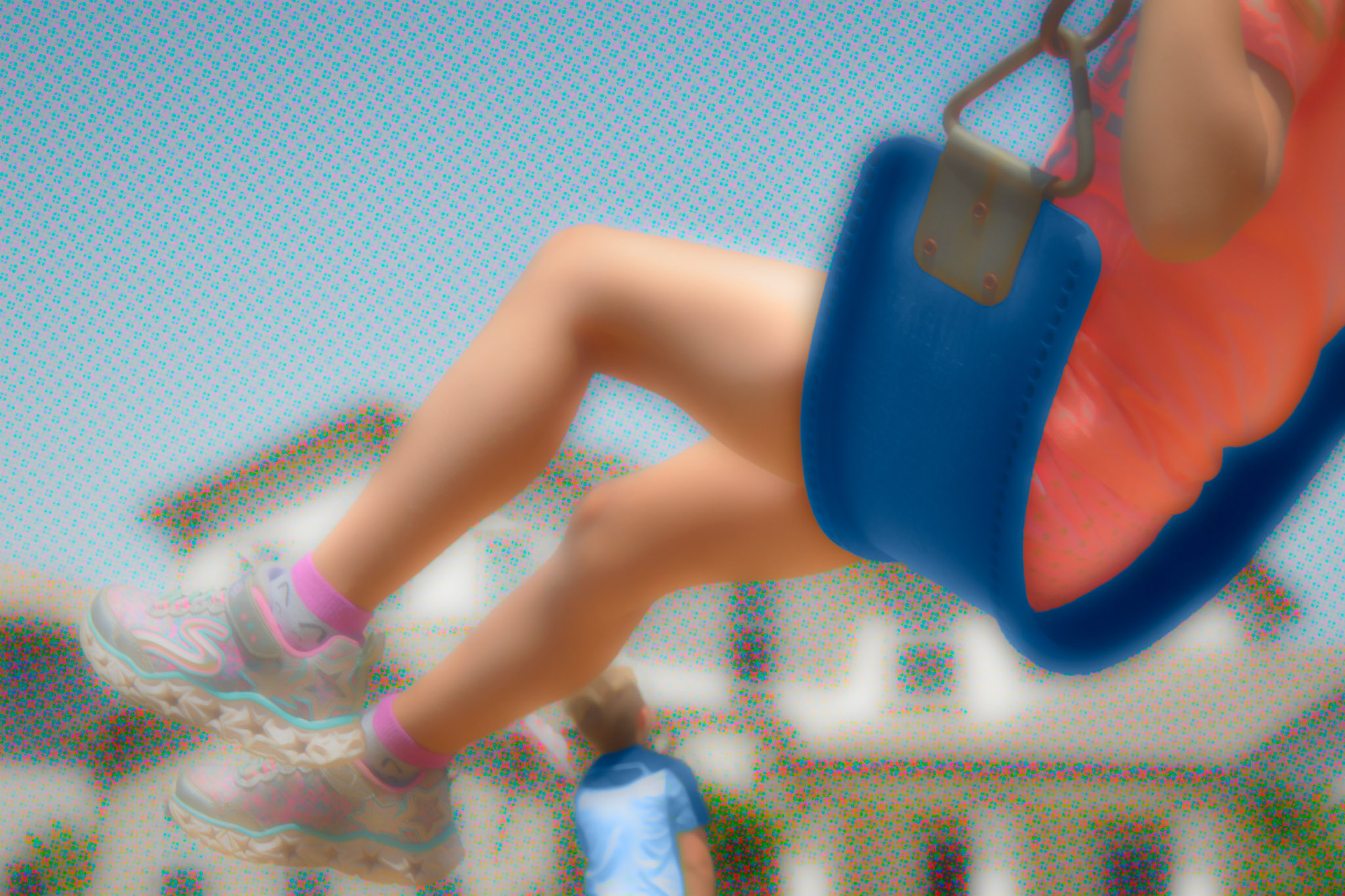 One is in a favorite spot flying on a swing, while the other just can't wait to leave; this version of a childhood afternoon backed by a Ben Day screen.