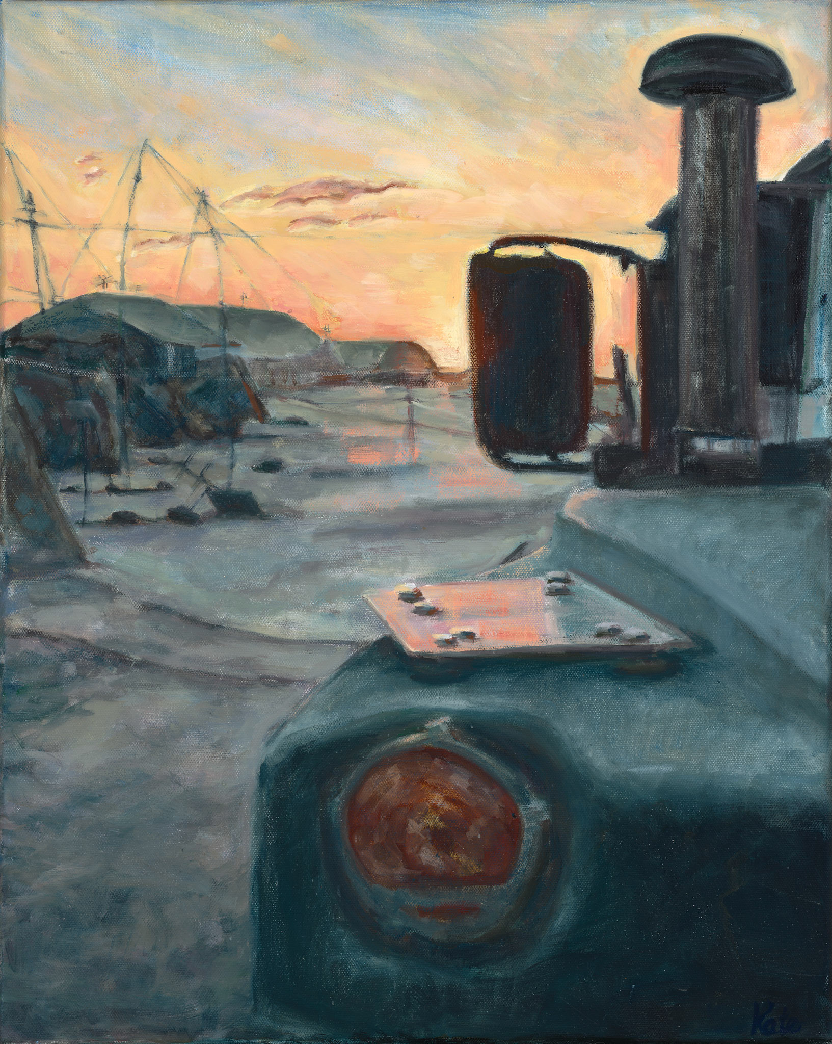 The setting sun lights up the radio mounting plate on the front of a HMMWV during an exercise supporting 1st Marine Division in 29 Palms, California.