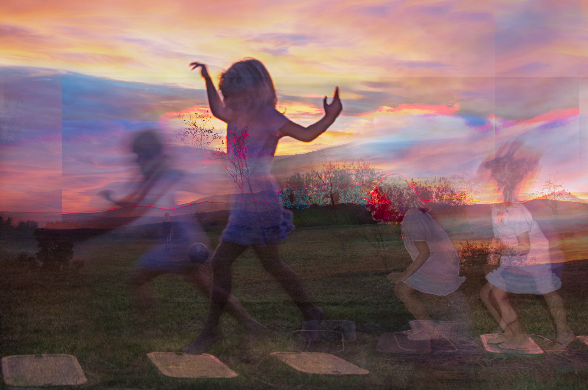 Is it one or many skipping across this sunset?  In this fairytale child's world, it could be both at once.