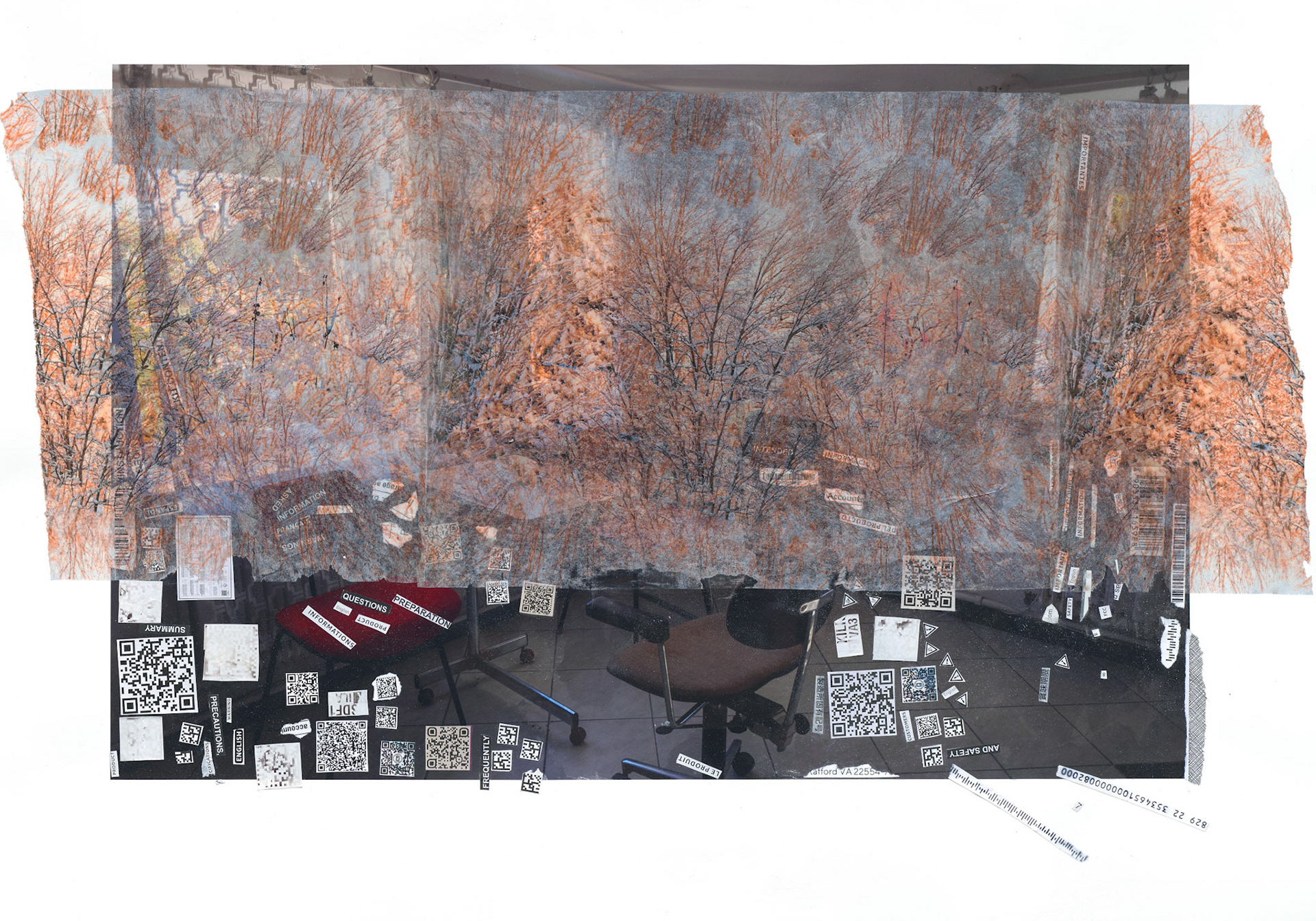 The office is in my father's house as we prepared to sell it after he died.  It seems generic after we cleared out his things but still evokes his memory for me.  This memory is bittersweet as I miss him. The trees, quiet with heavy snow, provide some countermeasure.  I added the bits of packaging collecting in drifts around the office furniture, waiting for a new family to clear the consumer clutter and bring new life to the space.