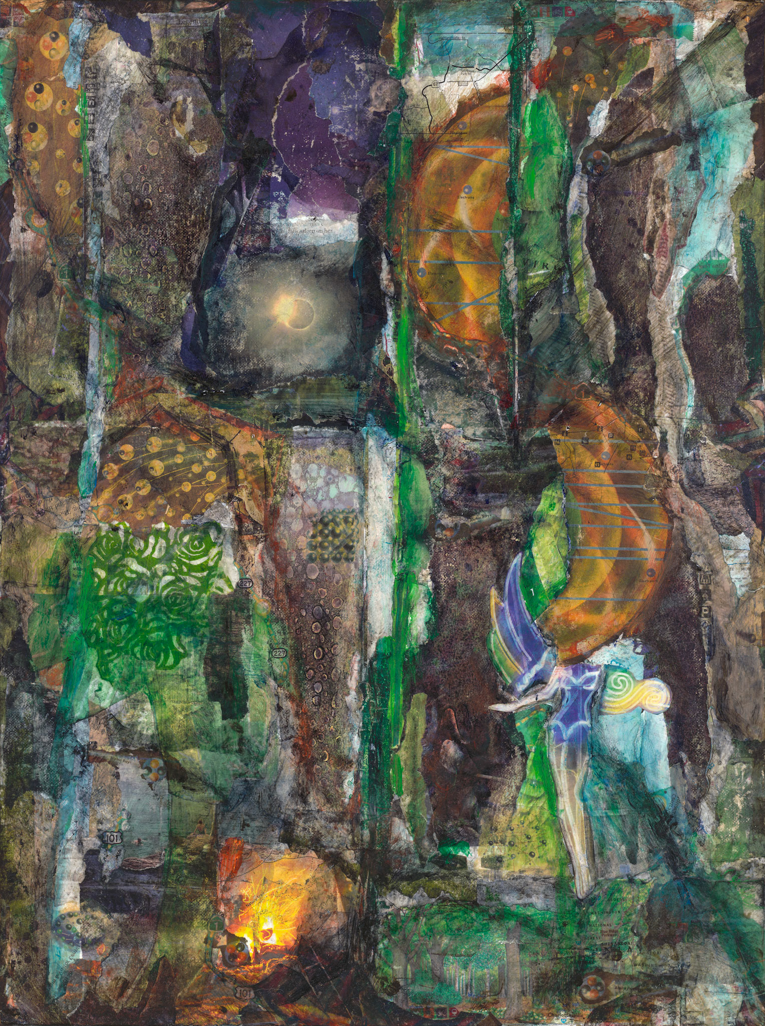Electric wood nymph in the night forest.  The nymph is a strong guardian of a complex forest environment she fills with energy and power. This was the first nymph, based on a glamorous neon showgirl sign and images of camping.   Her nocturnal environment is created from natural textures enhanced with paint and includes scientific ideas, maps and various styles of natural images. The dark woods of her environment is lit by a distant moon and a campfire provides lines of warmth through the models of molecules and growing things.  With her electricity, she lights the forest and energizes the creatures and travelers when they visit.
