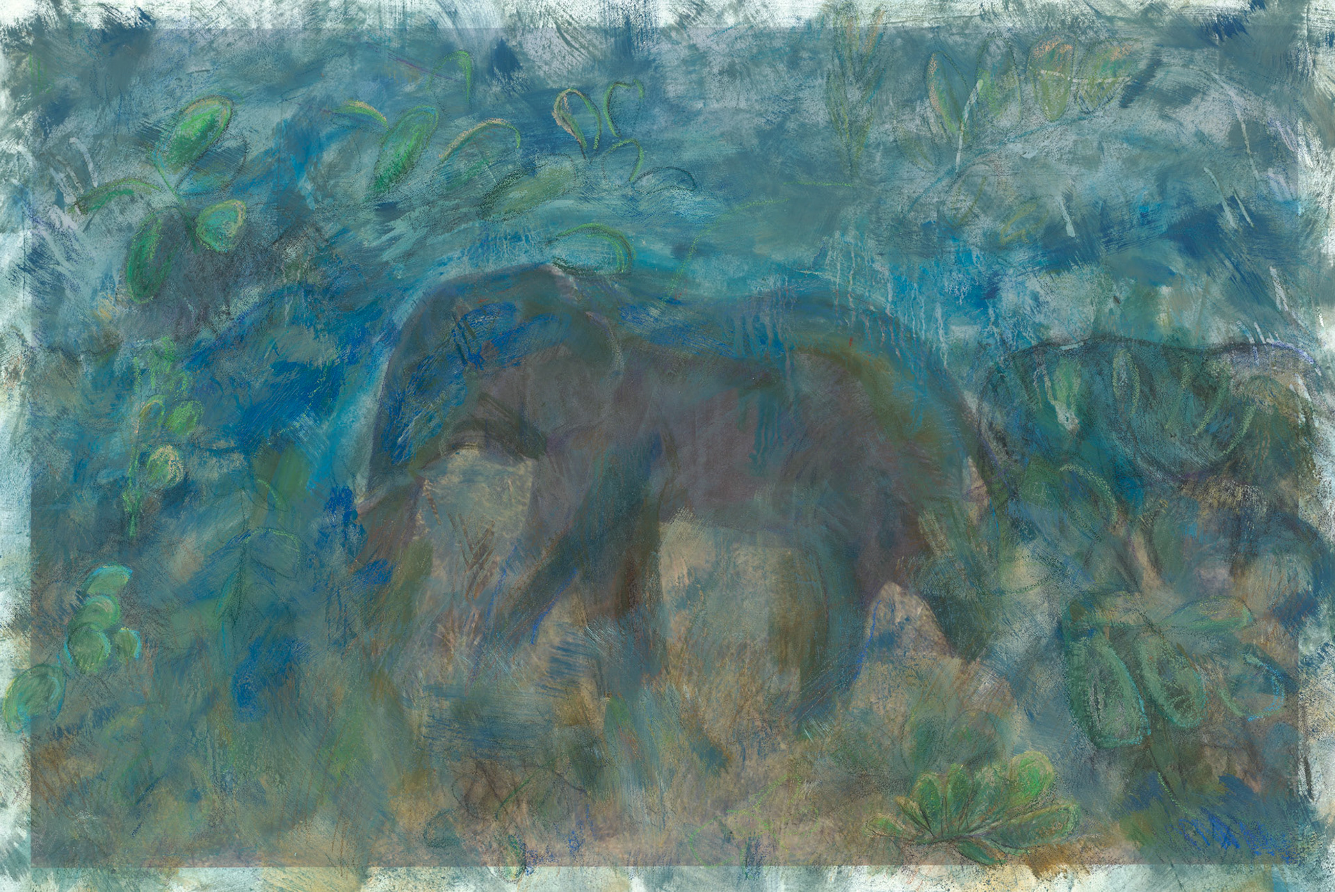 Incorporating one of my photos, this is a portrait of the leader of the elephants in Murchison National Park, Uganda surrounded by  grasses and acacia trees.