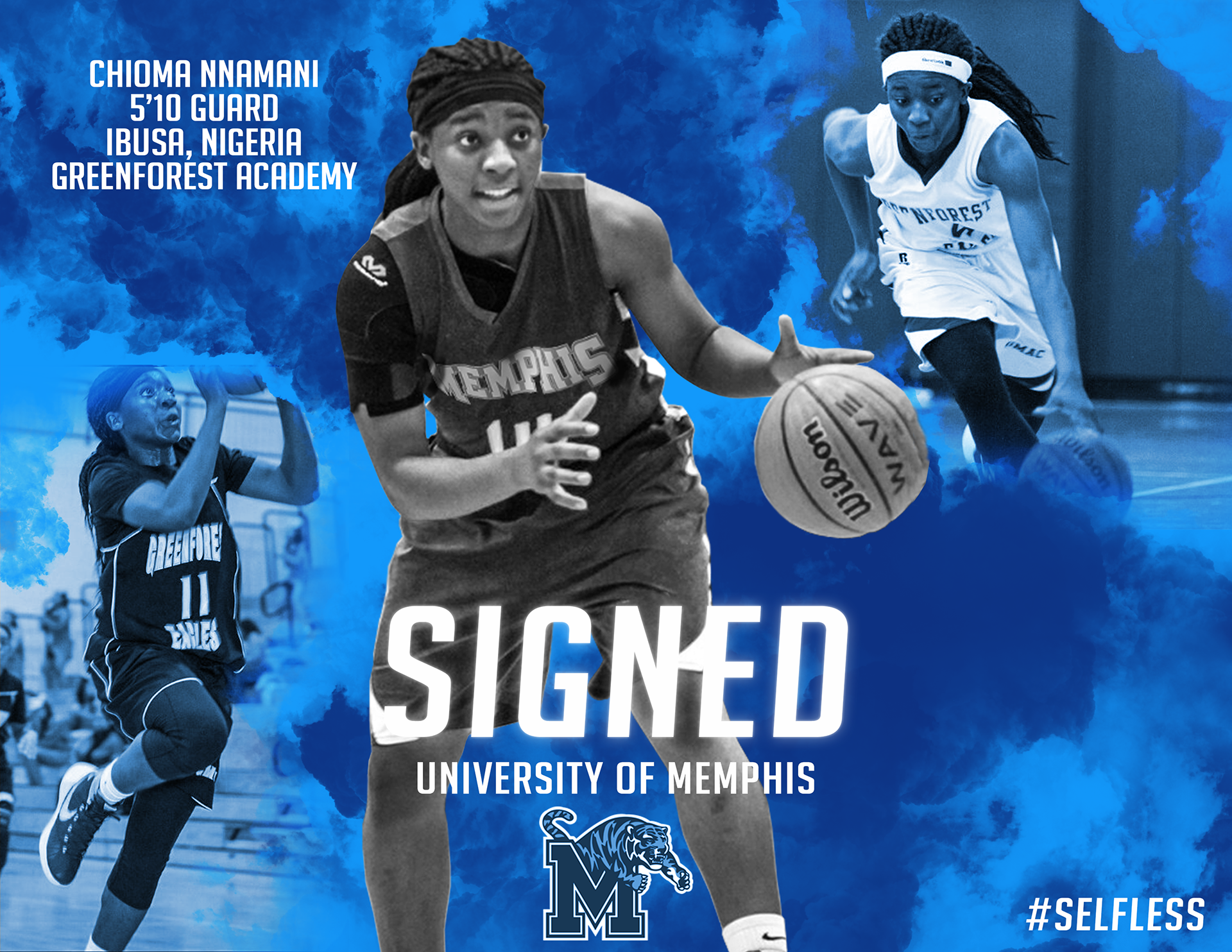 Using photo manipulation, I was capable of transplanting a current player's jersey onto Chioma's in the middle. Deliverables as such were used to give the prospects a glimpse to what being a Memphis Tiger would feel like.