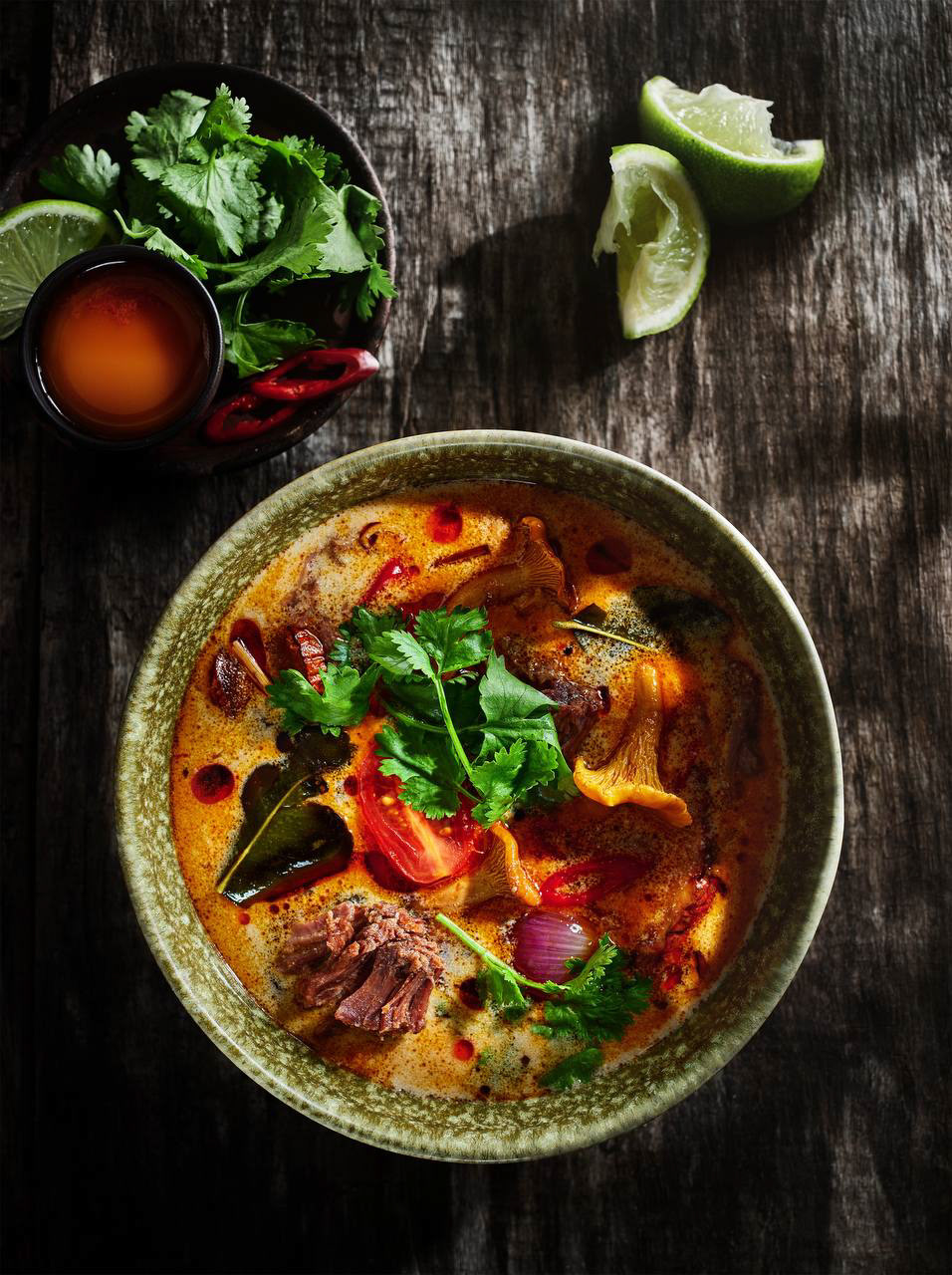 Tom Yum with Braised Beef and Chanterelles