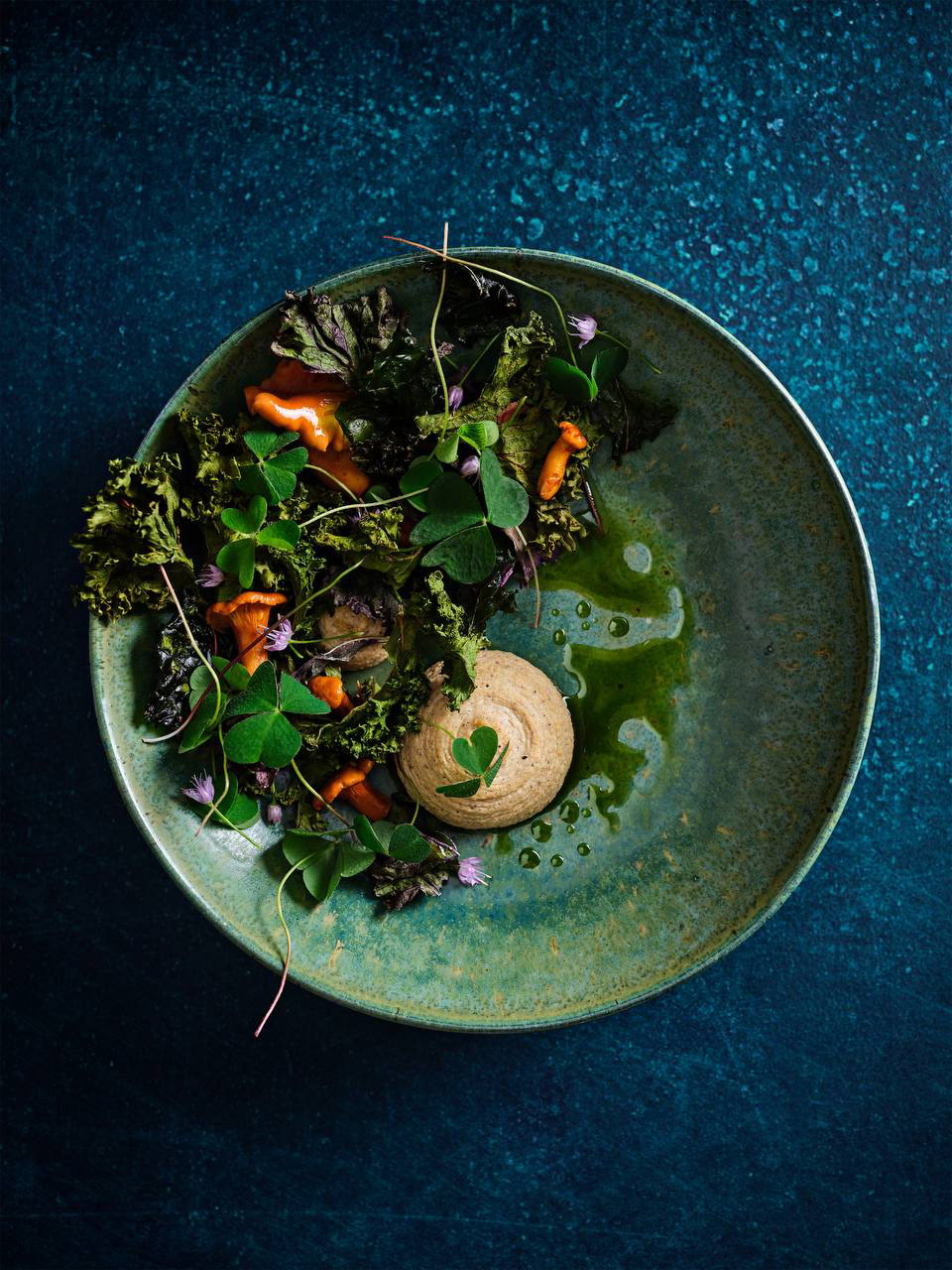 Burnt Chickpeas Hummus, Fermented Chanterelles, Kale Chips, Parsley Oil.